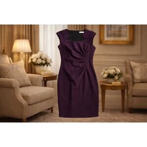 Calvin Klein Purple Ruched Sheath Dress Short Sleeve Zip Size 12 Professional